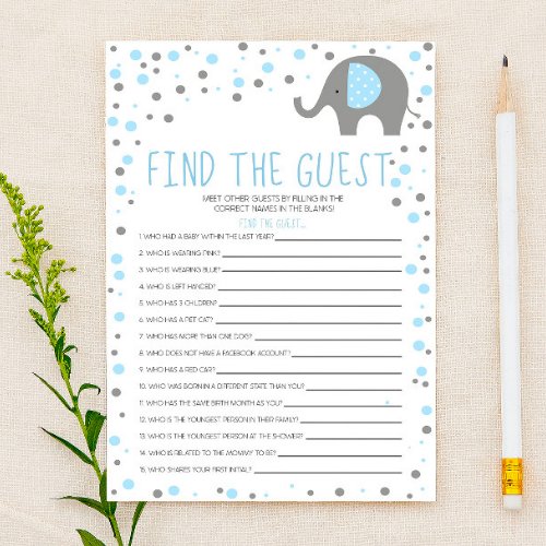 Blue Elephant Find Guest Baby Shower Game Stationery