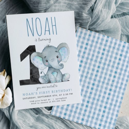 Blue Elephant First Birthday Invitation