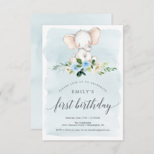 Blue Elephant First Birthday Invitation Card