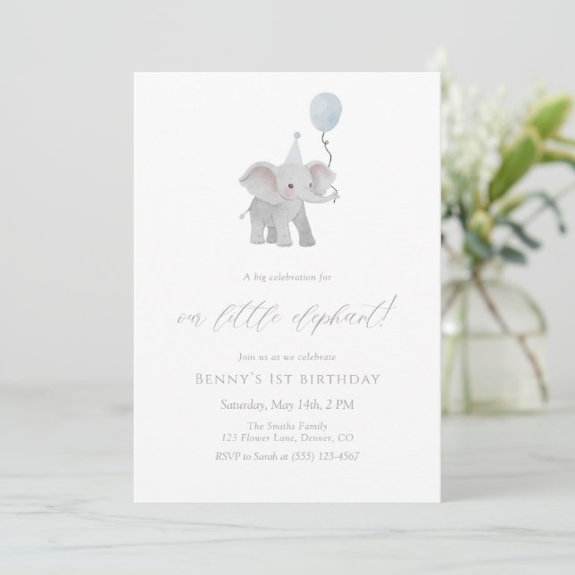 Blue Elephant First Birthday Invitation Watercolor (Standing Front)