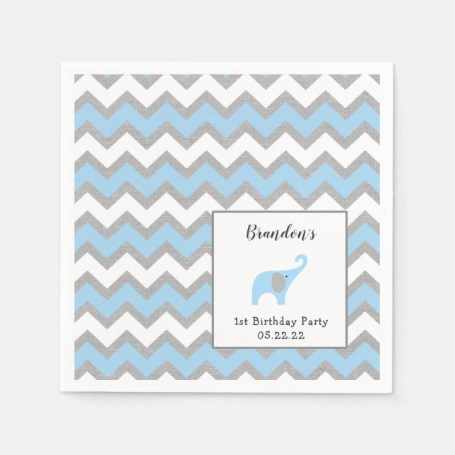 Blue Elephant first birthday party deco Napkins (Front)