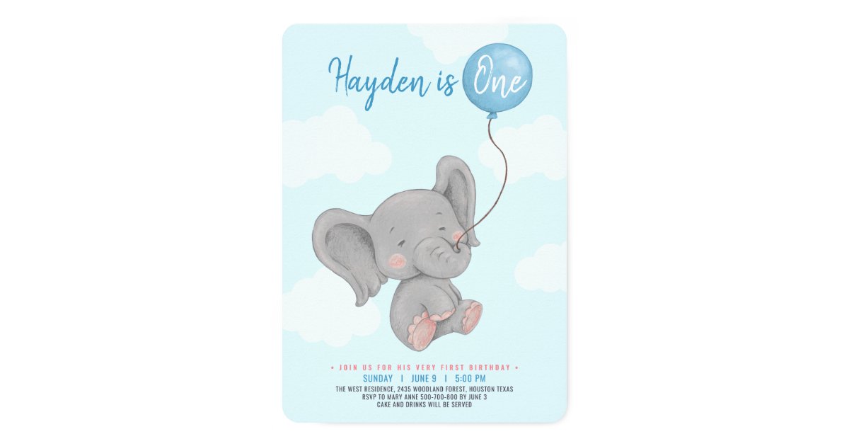 Blue Elephant First Birthday Party Invitation Zazzle Com