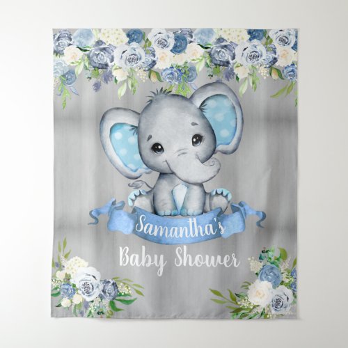 Blue Elephant Floral Photo Backdrop Baby Shower 
