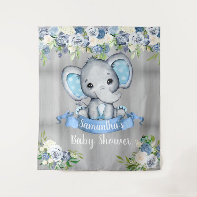 Blue Elephant Floral Photo Backdrop Baby Shower  (Front)