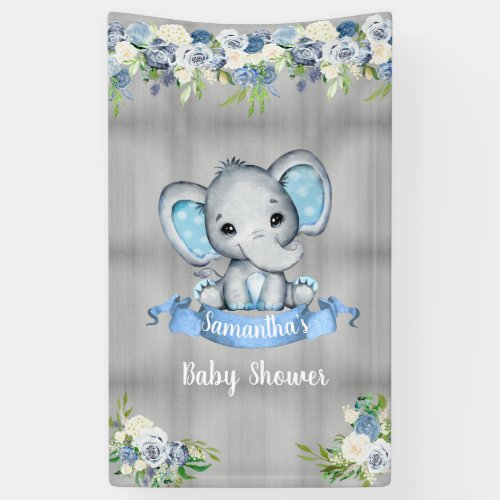 Blue Elephant Floral Photo Backdrop Baby Shower  Banner