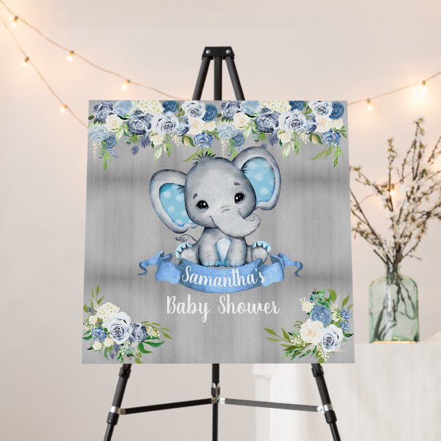 Blue Elephant Floral Photo Backdrop Baby Shower  Foam Board (In Situ (Stand))