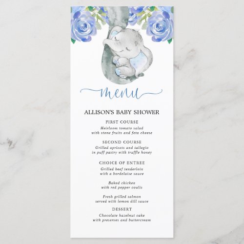 Blue elephant floral watercolor baby shower menu