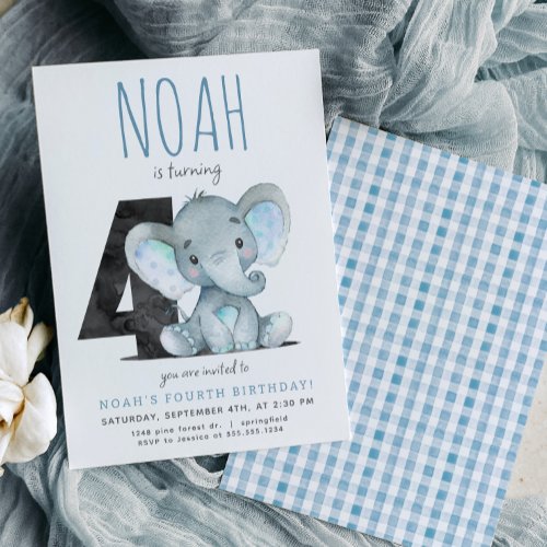 Blue Elephant Fourth Birthday Invitation