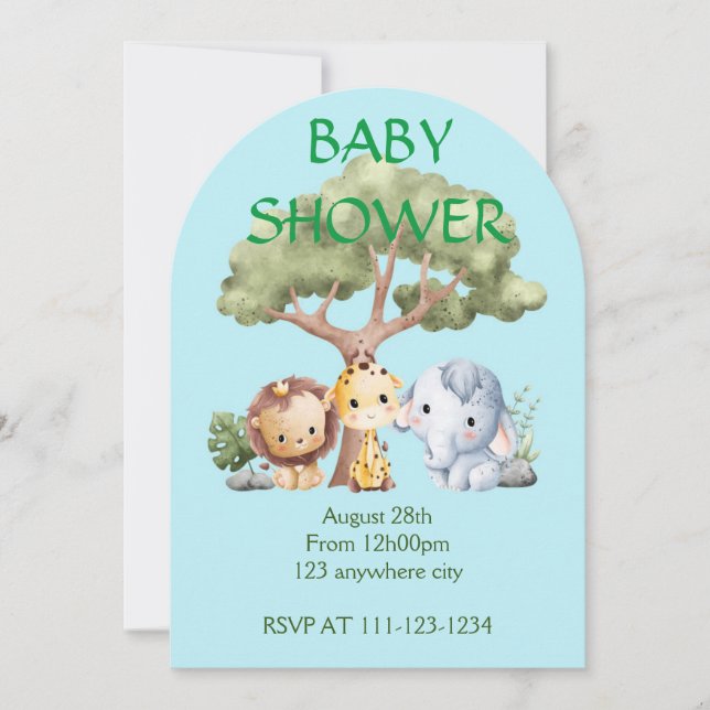 Blue Elephant giraffe lion baby shower  Save The Date (Front)