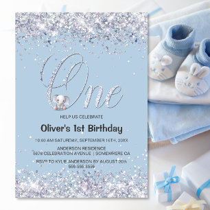 Blue Elephant Glitter 1st Birthday Party Invitation
