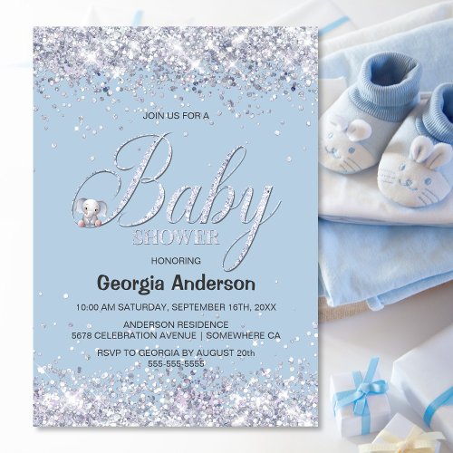 Blue Elephant Glitter Baby Shower Invitation