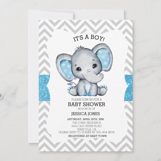 Blue Elephant Glitter Chevron Baby Shower Invitation (Front)