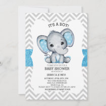 Blue Elephant Glitter Chevron Baby Shower Invitation