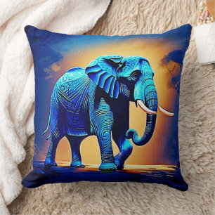 Blue Elephant Glow Design Throw Pillow
