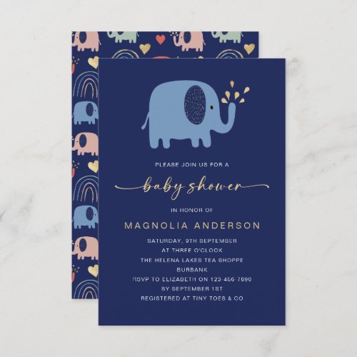 Blue Elephant Gold Foil Baby Shower Invitation