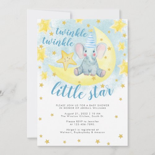 Blue Elephant Gold Twinkle Little Star Baby Shower Invitation