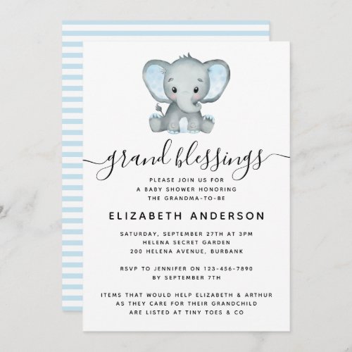 Blue Elephant Grandma_to_be Baby Shower Invitation