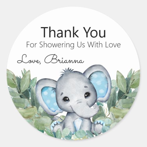 Blue Elephant Greenery Baby Shower Thank You Classic Round Sticker