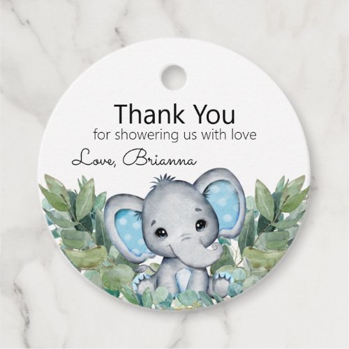 Blue Elephant Greenery Baby Shower Thank You Favor Tags