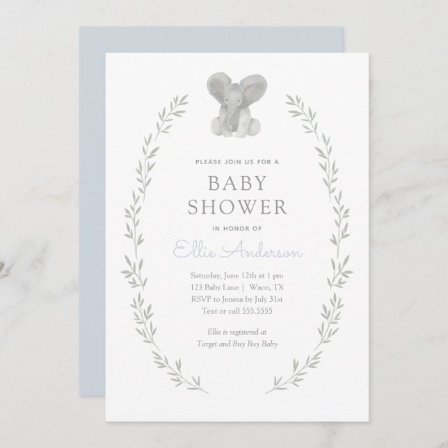 Blue Elephant Greenery Boy Baby Shower Invitation (Front/Back)