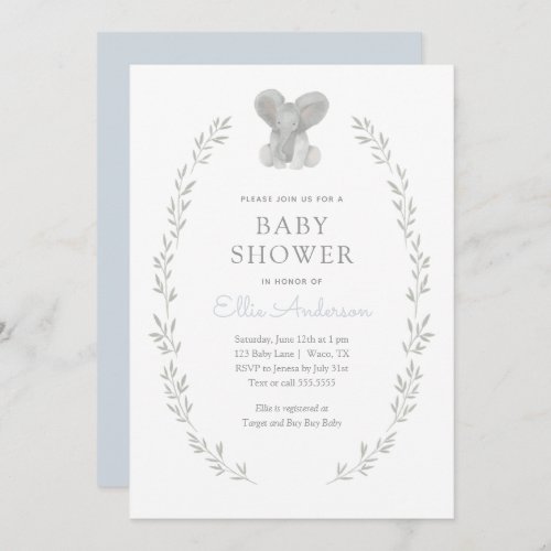 Blue Elephant Greenery Boy Baby Shower Invitation