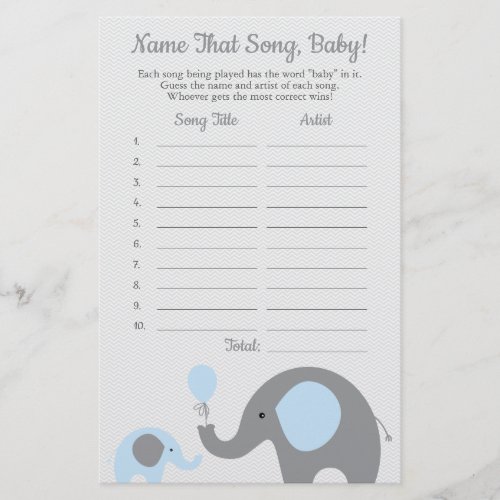 Blue Elephant Guess the Baby Song Baby Shower Game Flyer