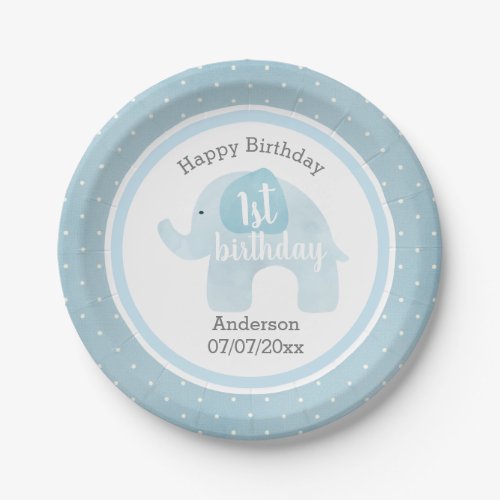 Blue Elephant Happy 1st Birthday Paper Plates