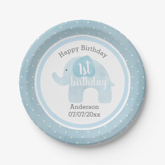 Blue Elephant Happy 1st Birthday Paper Plates (Front)