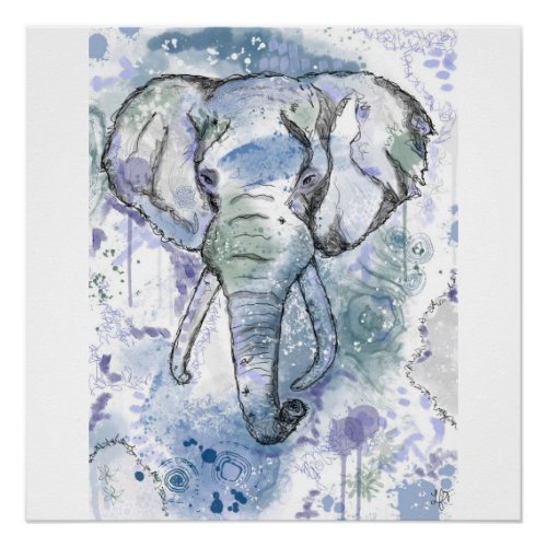 Blue Elephant Head Print