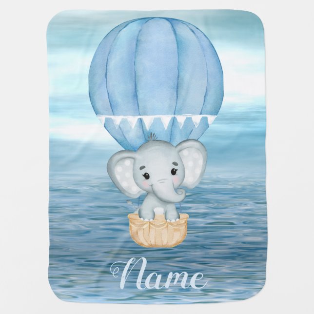Blue Elephant Hot Air Balloon Baby Blanket (Front)