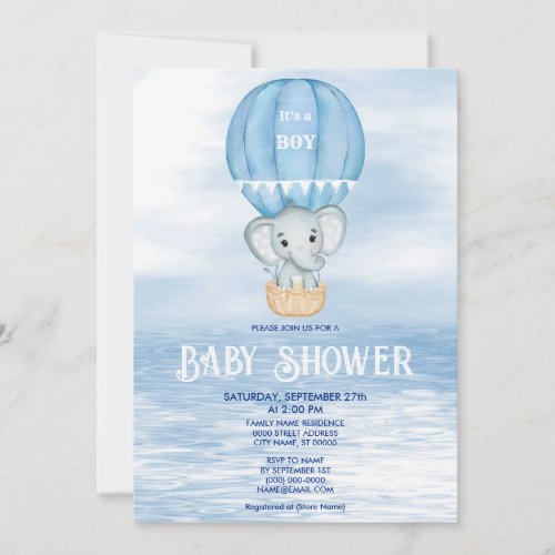 Blue Elephant Hot Air Balloon Baby Shower Invitation