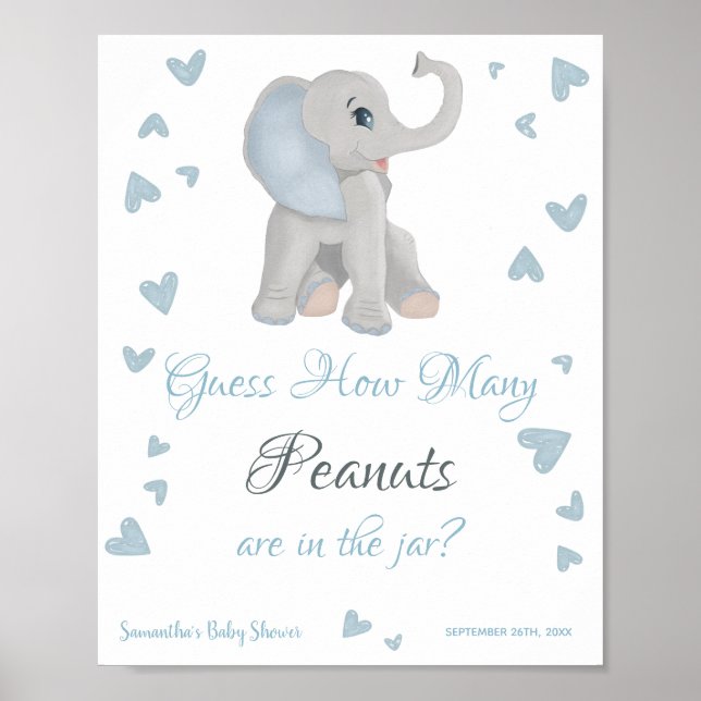 Blue Elephant How Many Peanuts Baby Shower Sign (Front)