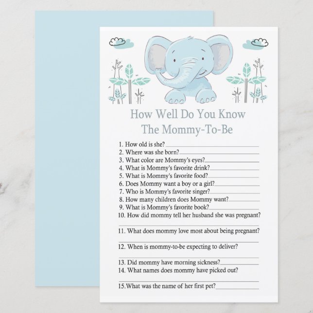 Blue elephant How well do you know baby shower (Front/Back)