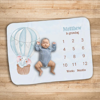 Blue Elephant in Hot Air Balloon Milestone Baby Blanket