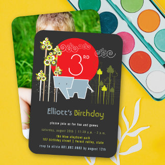 Blue Elephant In The Forest Boy Birthday Party Invitation