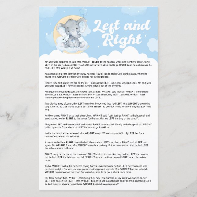 Blue Elephant Left and Right Baby Shower Game (Front)