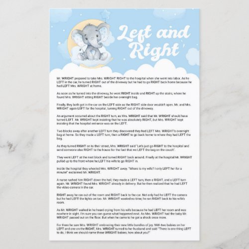 Blue Elephant Left and Right Baby Shower Game