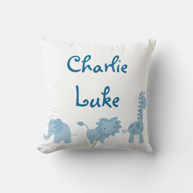 Blue Elephant, Lion and Giraffe Personalized Throw Pillow (Front)
