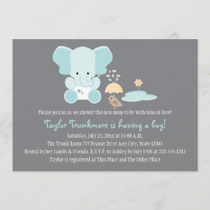 Blue Elephant Little Bird Baby Shower Invitation