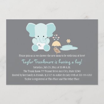 Blue Elephant Little Bird Baby Shower Invitation by OccasionInvitations at Zazzle