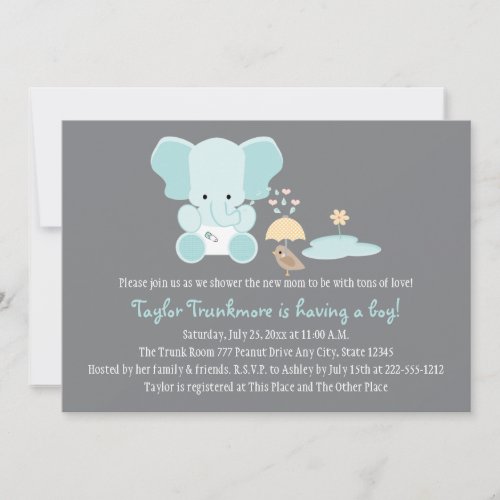 Blue Elephant Little Bird Baby Shower Invitation