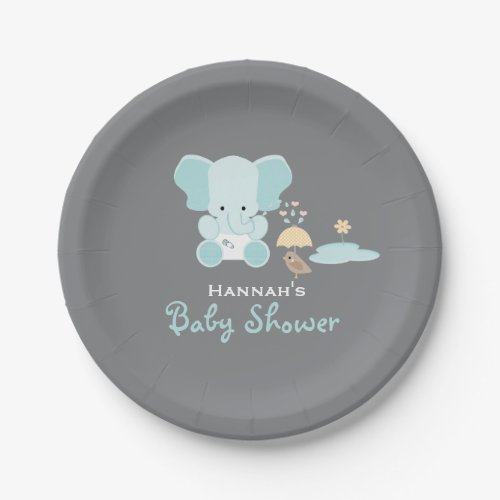 Blue Elephant Little Bird Baby Shower Paper Plates