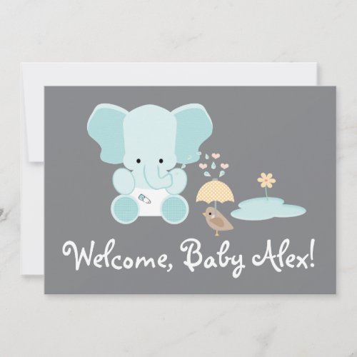 Blue Elephant Little Bird Welcome Baby Invitation