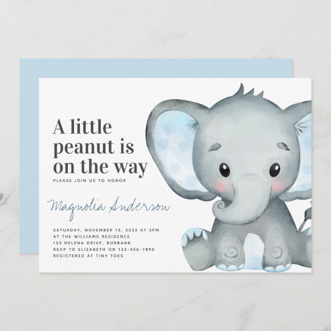 Blue Elephant Little Peanut Baby Shower Invitation (Front/Back)