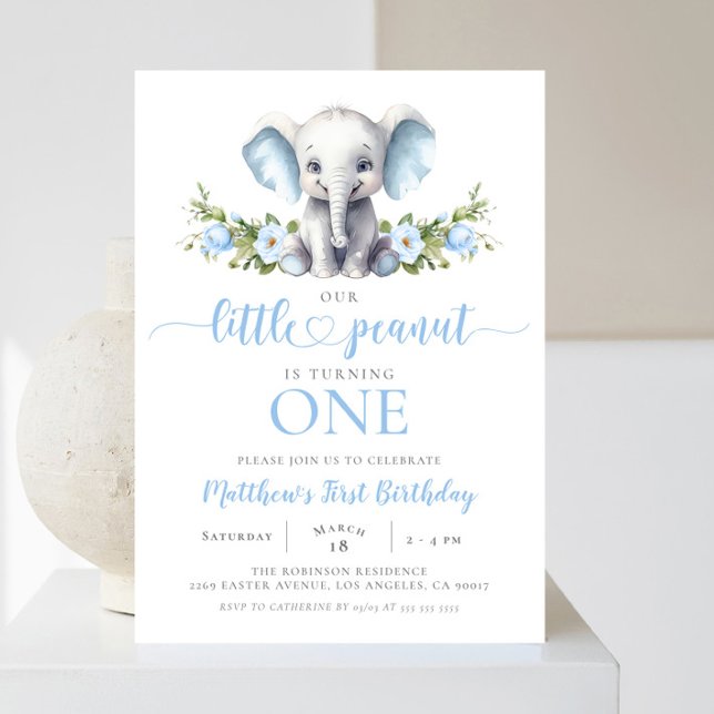 Blue Elephant Little Peanut Boy 1st Birthday Invitation (Creator Uploaded)