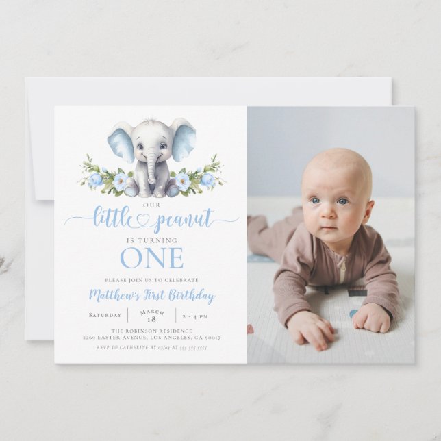 Blue Elephant Little Peanut Boy 1st Birthday Photo Invitation (Front)