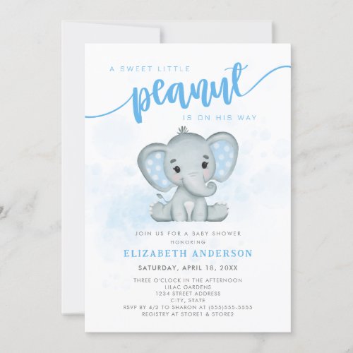 Blue Elephant Little Peanut Boy Baby Shower Invitation