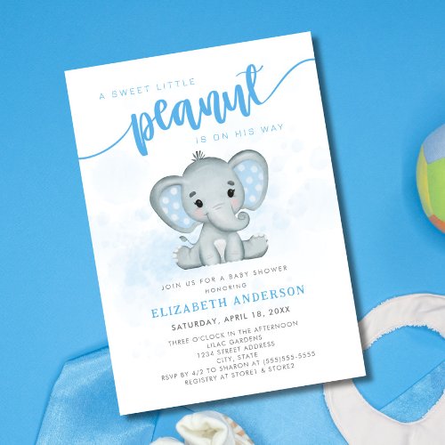 Blue Elephant Little Peanut Boy Baby Shower Invitation