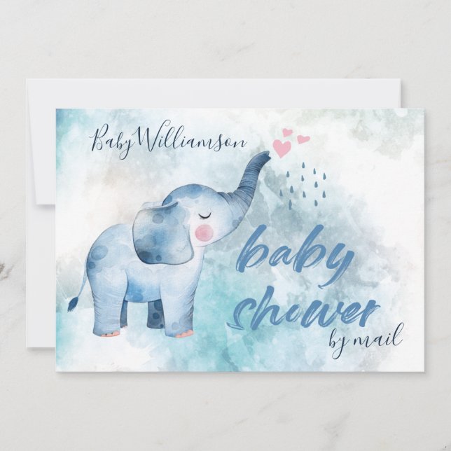 Blue Elephant Long Distance Baby Shower By Mail Invitation (Front)