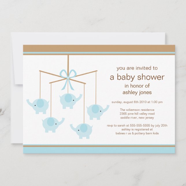 Blue Elephant Mobile Boy Baby Shower Invitation (Front)